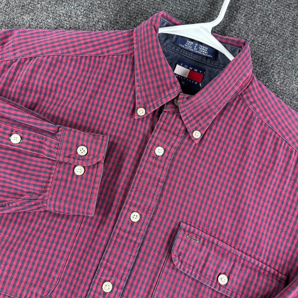 Tommy Hilfiger Button Down Mens M Medium Red Navy Gingham Vintage Long Sleeve